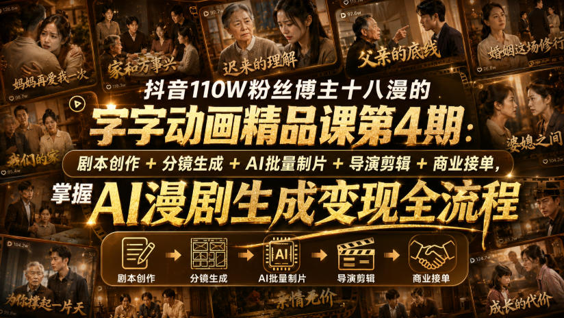 抖音110W粉丝博主十八漫的字字动画精品课第4期：剧本创作+分镜生成+剪辑+商业接单，掌握AI漫剧生成变现全流程-创业资源网