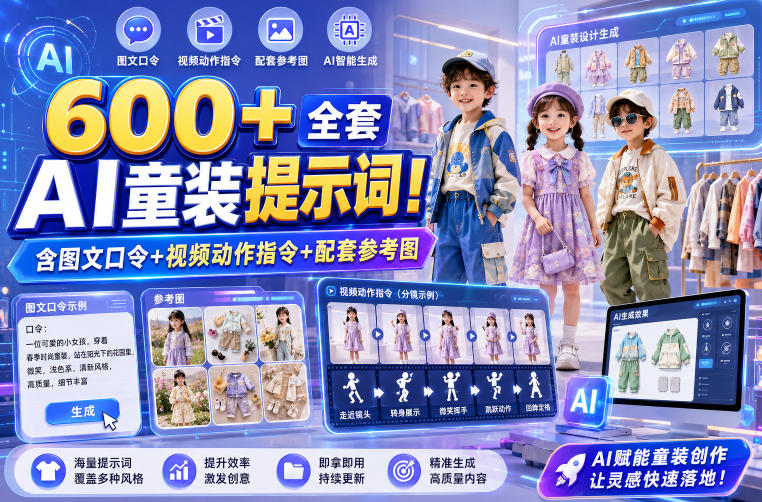 600+全套AI童装提示词！含图文口令+视频动作指令+配套参考图，Word-Excel规整分类，童装电商、种草无脑量产内容！-创业资源网