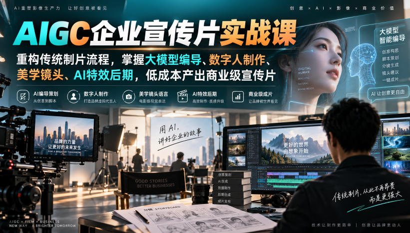 AIGC企业宣传片实战课，重构传统制片流程，掌握大模型编导、数字人制作、美学镜头、AI特效后期，低成本产出商业级宣传片-创业资源网