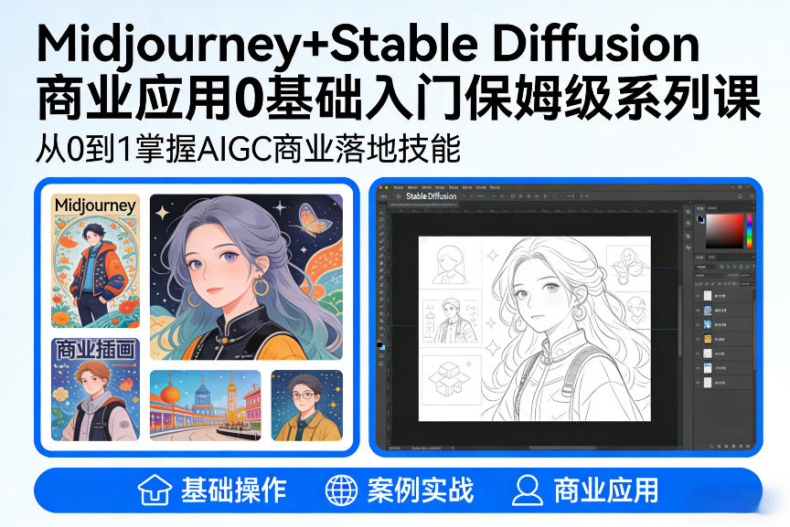 AIGC商业应用Midjourney+Stable Diffusion教程，0基础入门保姆级系列课-创业资源网