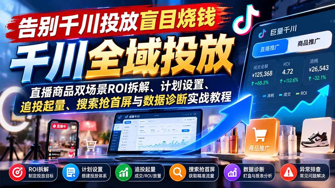 （21079期）告别千川投放盲目烧钱：直播商品双场景ROI拆解、计划设置、追投起量、搜索抢首屏与数据诊断实战教程-创业资源网