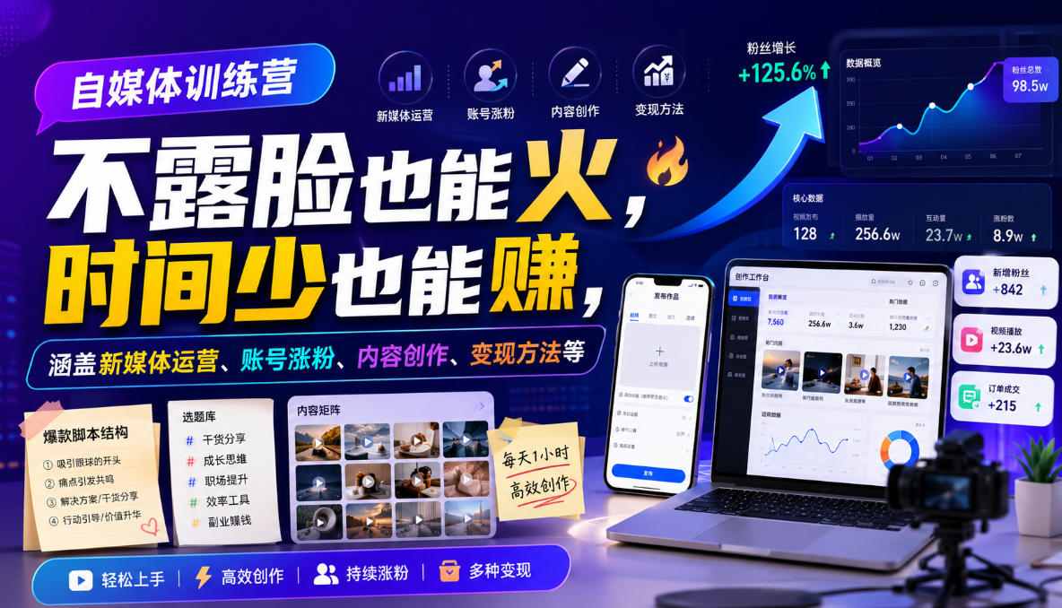 自媒体训练营，不露脸也能火，时间少也能賺，涵盖新媒体运营、账号涨粉、内容创作、变现方法等-创业资源网