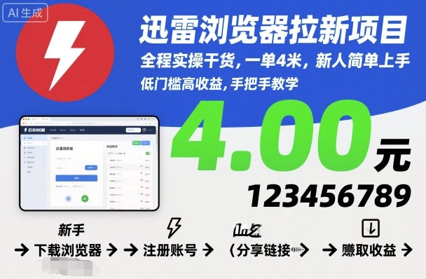 迅雷浏览器拉新项目，全程实操干货，一单4米，新人简单上手-创业资源网
