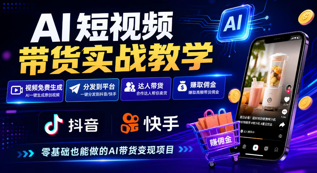 AI短视频带货实战教学，视频免费生成，分发到抖音快手平台，达人带货賺佣金-创业资源网
