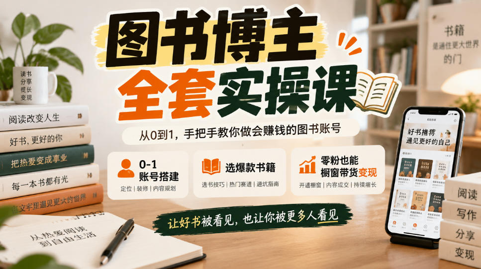 图书博主全套实操课，0‑1账号搭建，选爆款书籍，零粉也能橱窗带货变现-创业资源网