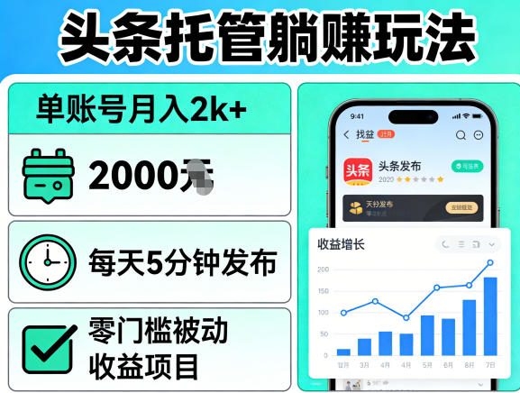 头条托管躺賺玩法，单账号月入2k+，每天5分钟发布即可，零门槛被动收益项目【揭秘】-创业资源网