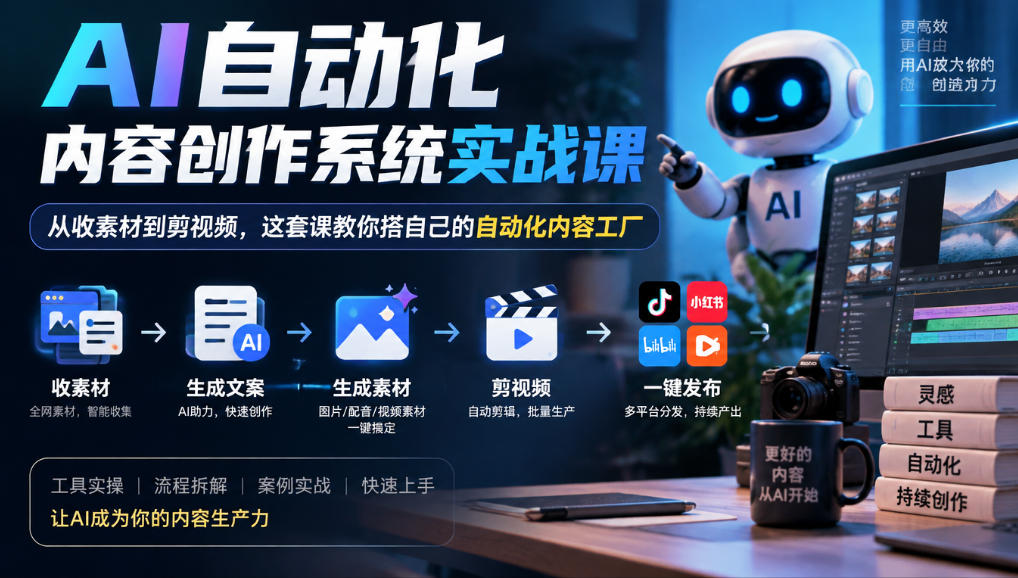 AI自动化内容创作系统实战课，从收素材到剪视频，这套课教你搭自己的自动化内容工厂-创业资源网