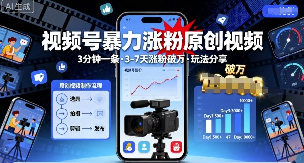 视频号暴力涨粉原创视频，3分钟一条原创视频，3-7天涨粉破万，玩法分享给你-创业资源网
