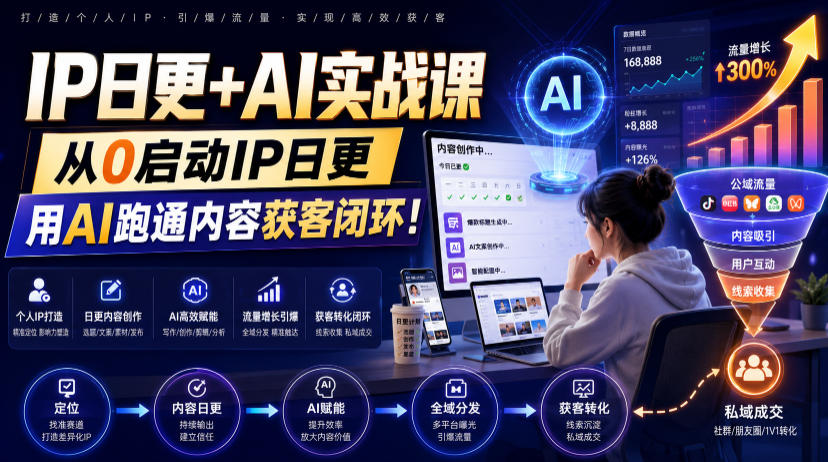 IP日更+AI实战课，从0启动IP日更，IP置顶视频制作+100条选题库搭建+10条日更规划，用AI跑通内容获客闭环!-创业资源网