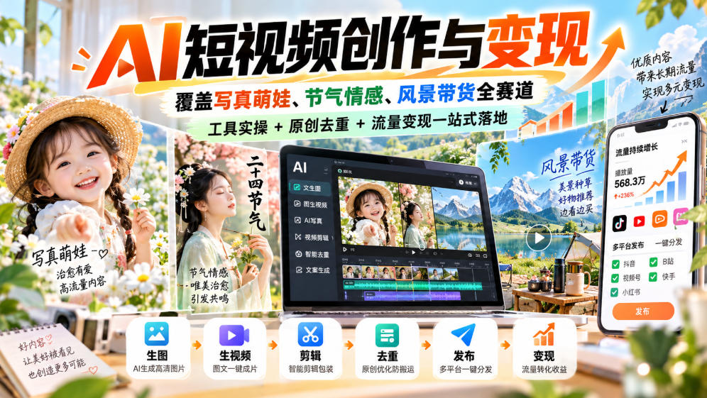 AI短视频创作与变现，覆盖写真萌娃、节气情感、风景带货全赛道，工具实操+原创去重+流量变现一站式落地-创业资源网
