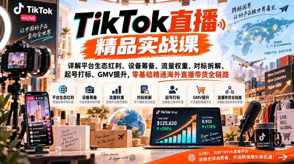 TikTok直播精品实战课，详解平台生态红利、设备筹备、流量权重、对标拆解、起号打标、GMV提升，零基础精通海外直播带货全链路-创业资源网