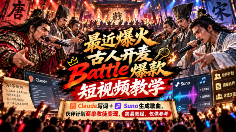 最近爆火古人开麦Battle爆款短视频教学，Claude写词+Suno生成歌曲，伙伴计划商单收徒变现，简易教程，仅供参考-创业资源网