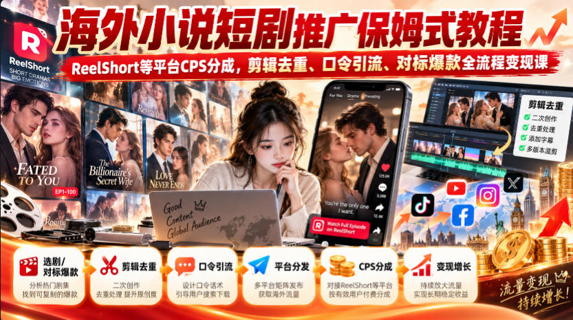 海外小说短剧推广保姆式教程｜ReelShort等平台CPS分成，剪辑去重、口令引流、对标爆款全流程变现课-创业资源网