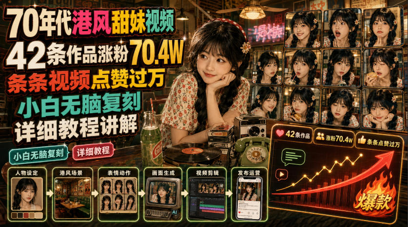70年代港风甜妹视频，42条作品涨粉70.4W，条条视频点赞过万，小白无脑复刻，详细教程讲解-创业资源网
