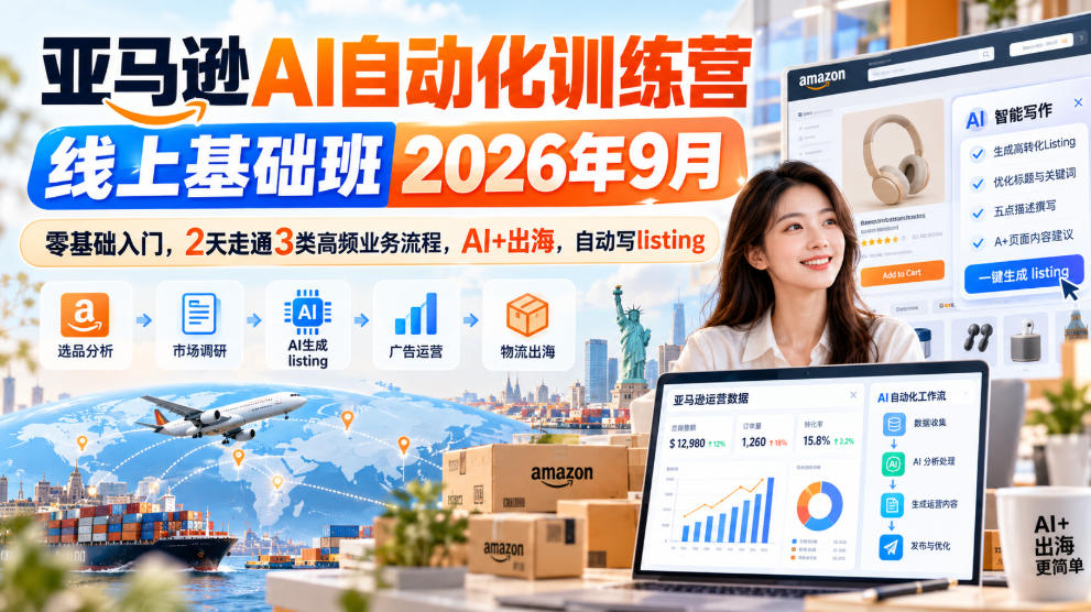 亚马逊AI自动化训练营线上基础班2026年9月，零基础入门，2天走通3类高频业务流程，AI+出海，自动写listing-创业资源网