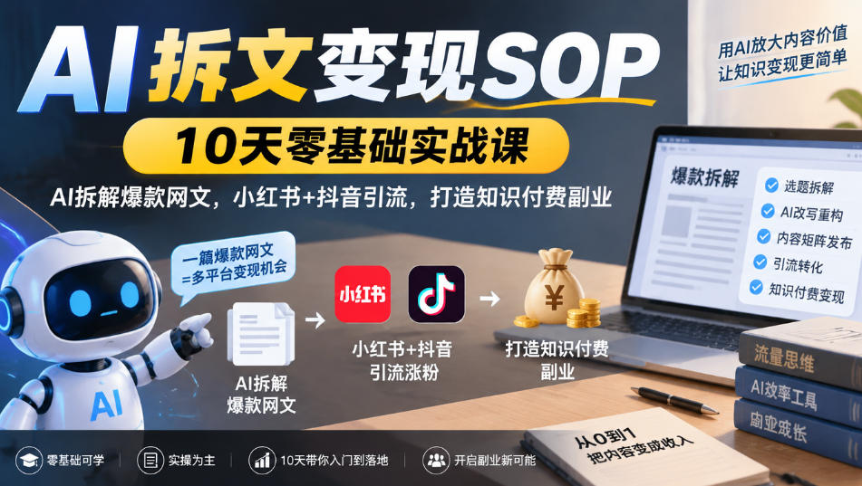 AI拆文变现SOP｜10天零基础实战课，AI拆解爆款网文，小红书+抖音引流，打造知识付费副业-创业资源网