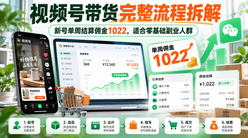 视频号带货完整流程拆解，新号单周结算佣金1022，适合零基础副业人群-创业资源网
