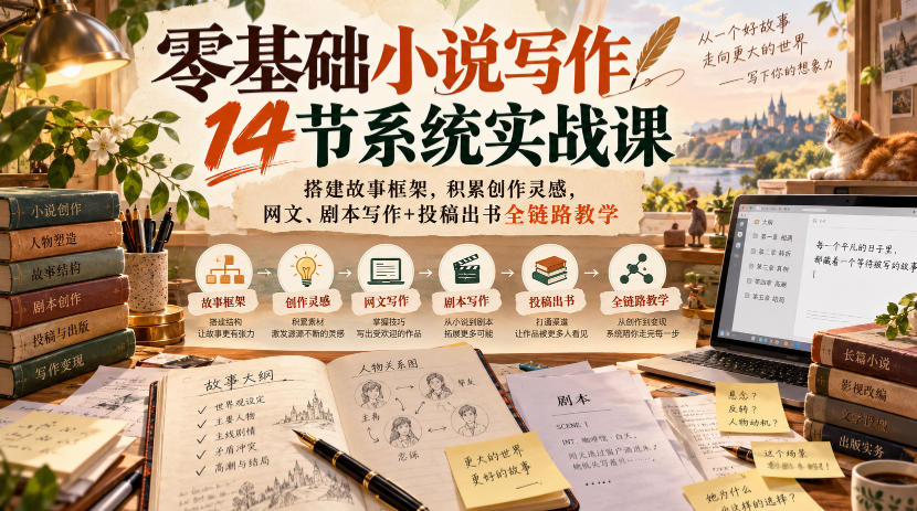 零基础小说写作14节系统实战课，搭建故事框架，积累创作灵感，网文、剧本写作+投稿出书全链路教学-创业资源网
