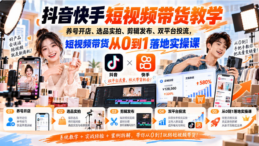 抖音快手短视频带货教学｜养号开店、选品实拍、剪辑发布、双平台投流，短视频带货从0到1落地实操课-创业资源网