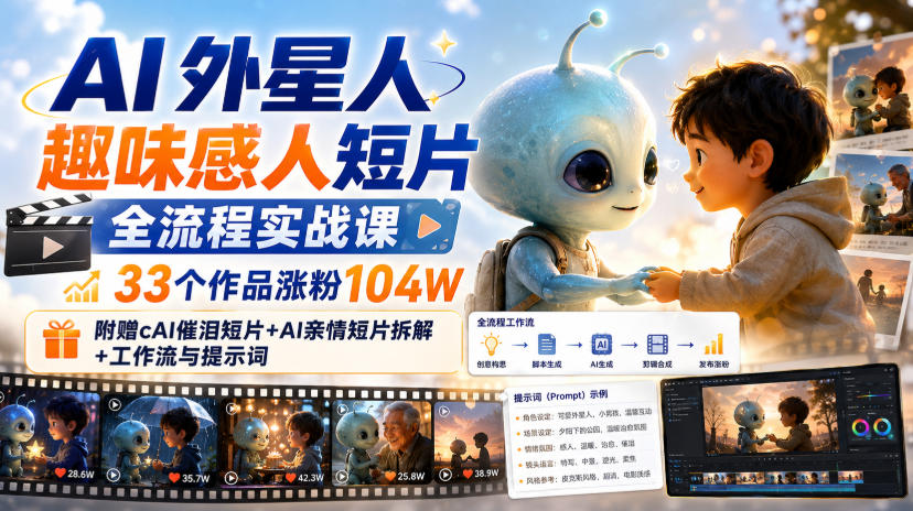 AI外星人趣味感人短片全流程实战课，33个作品涨粉104W，附赠AI催泪短片+AI亲情短片拆解+工作流与提示词-创业资源网