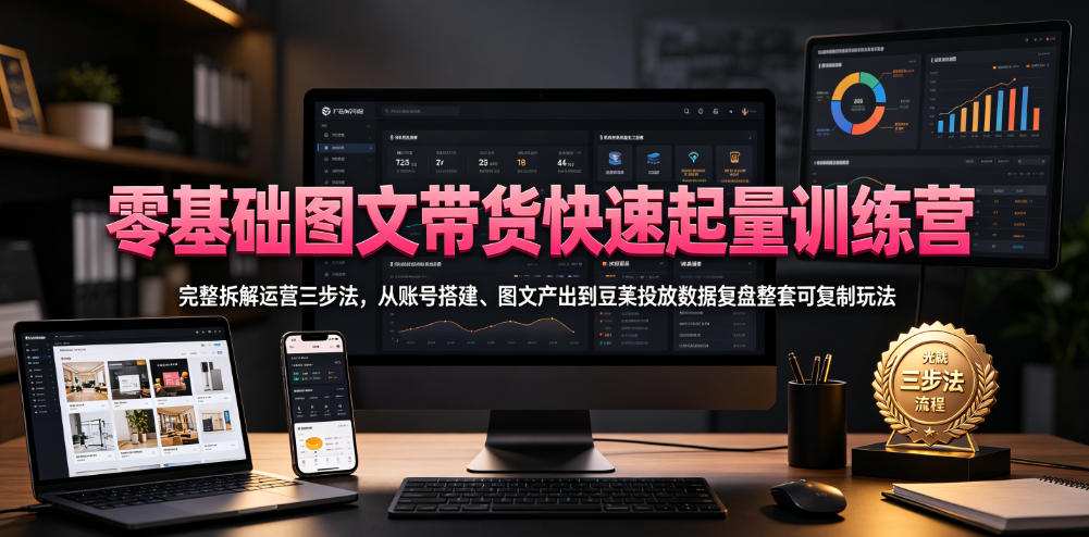 零基础图文带货快速起量训练营，完整拆解运营三步法，从账号搭建、图文产出到豆荚投放数据复盘整套可复制玩法-创业资源网