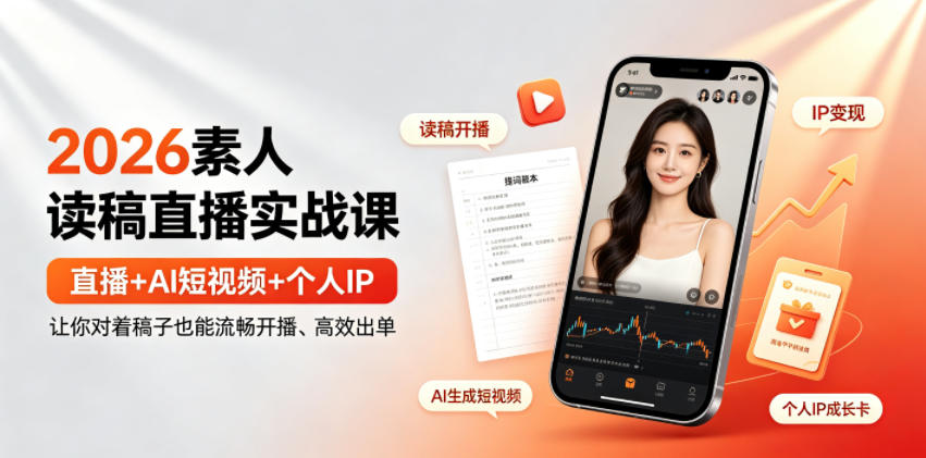 2026素人读稿直播实战课｜直播+AI短视频+个人IP，让你对着稿子也能流畅开播、高效出单-创业资源网