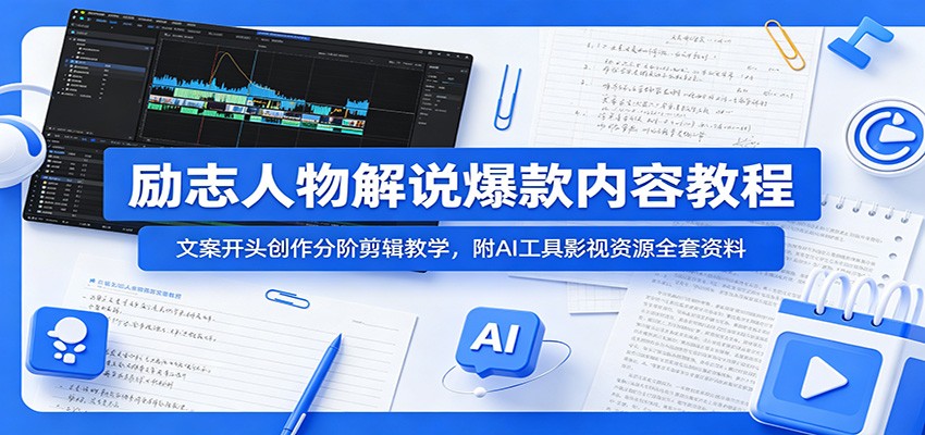 励志人物解说爆款内容教程：文案开头创作分阶剪辑教学，附AI 工具影视资源全套资料-创业资源网