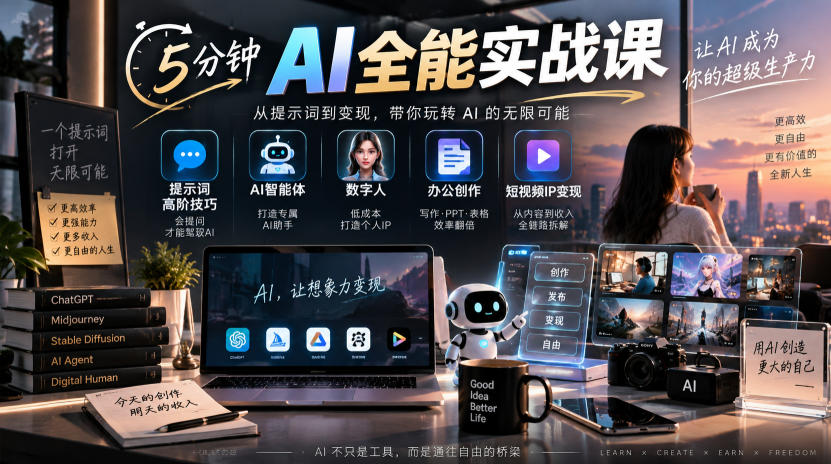 5分钟AI全能实战课｜提示词高阶技巧+AI智能体+数字人+办公创作+短视频IP变现全教程-创业资源网