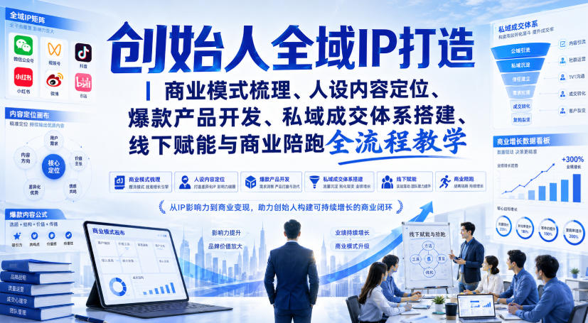 创始人全域IP打造｜商业模式梳理、人设内容定位、爆款产品开发、私域成交体系搭建、线下赋能与商业陪跑全流程教学-创业资源网