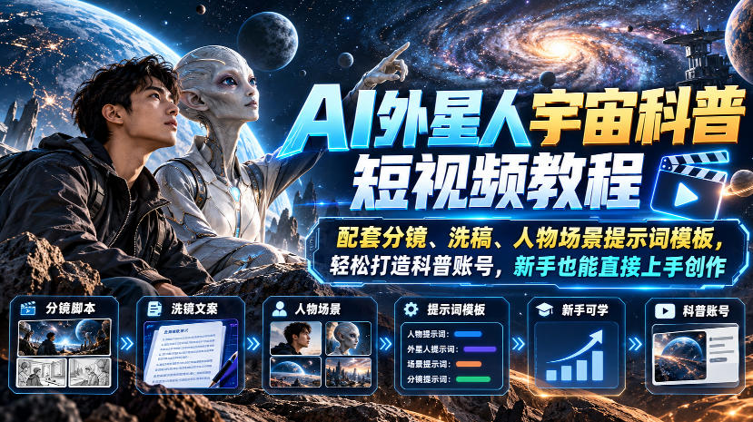 AI外星人宇宙科普短视频教程，配套分镜、洗稿、人物场景提示词模板，轻松打造科普账号，新手也能直接上手创作-创业资源网
