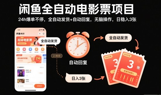 闲鱼全自动电影票项目，24h爆单不停，全自动发货+自动回复，无脑操作，日稳入3张【揭秘】-创业资源网