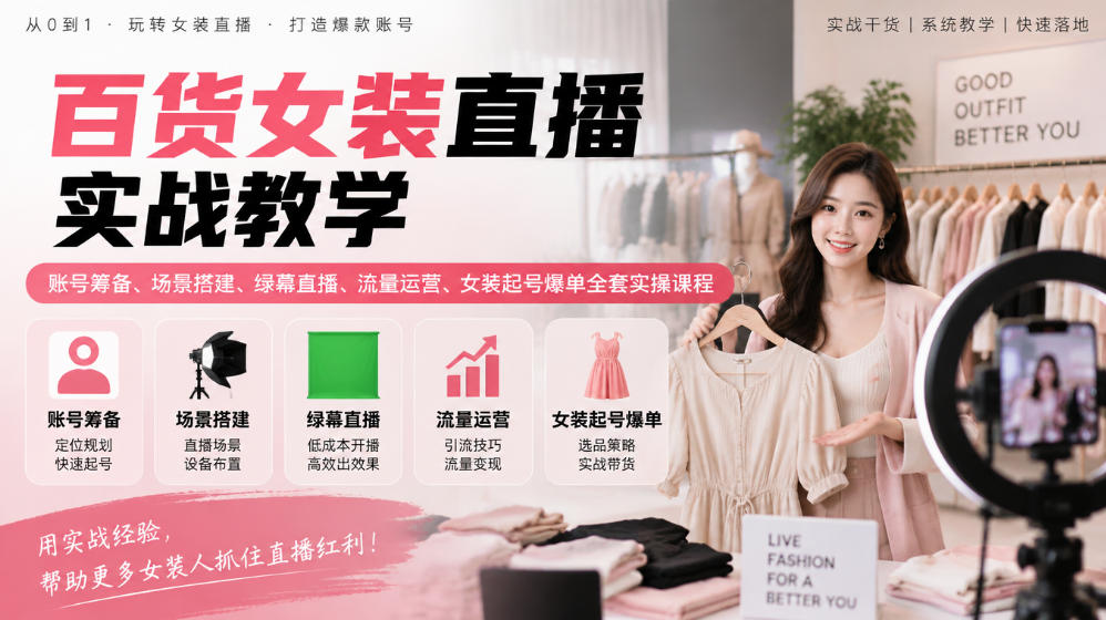 百货女装直播实战教学｜账号筹备、场景搭建、绿幕直播、流量运营、女装起号爆单全套实操课程-创业资源网