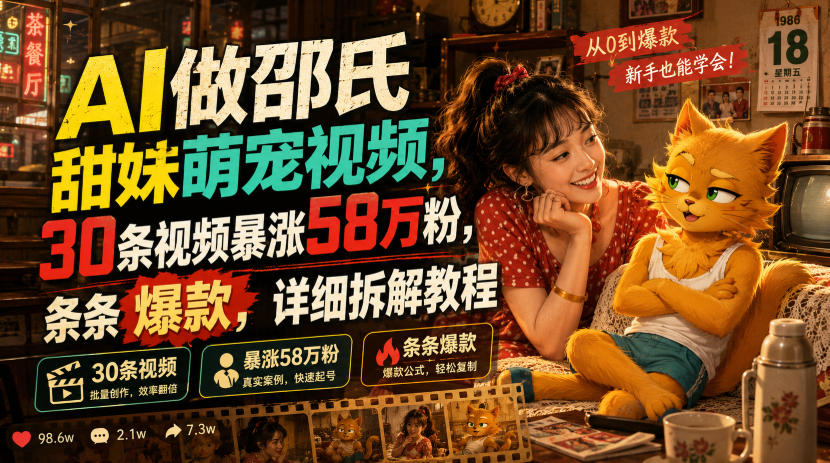 AI做邵氏甜妹萌宠视频，30条视频暴涨58万粉，条条爆款，详细拆解教程-创业资源网