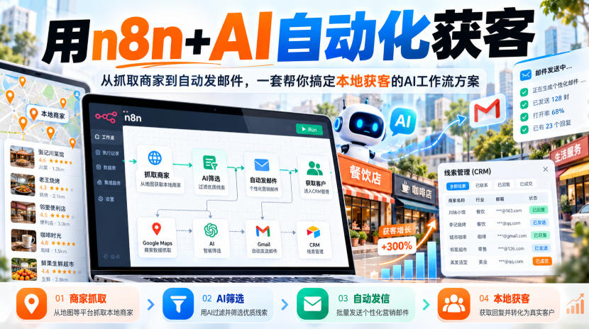【无水印】用n8n+AI自动化获客，从抓取商家到自动发邮件，一套帮你搞定本地获客的AI工作流方案【原创双语字幕】-创业资源网