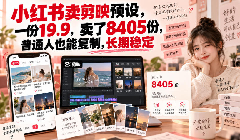 小红书卖剪映预设，一份19.9，卖了8405份，普通人也能复制，长期稳定-创业资源网