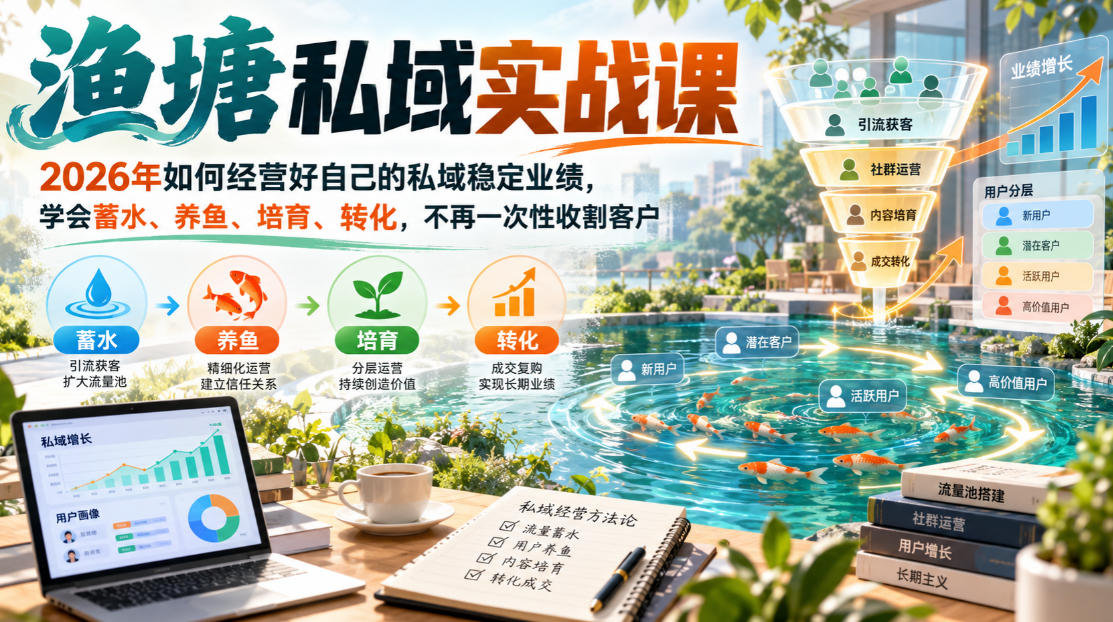 渔塘私域实战课，2026年如何经营好自己的私域稳定业绩，学会蓄水、养鱼、培育、转化，不再一次性收割客户-创业资源网