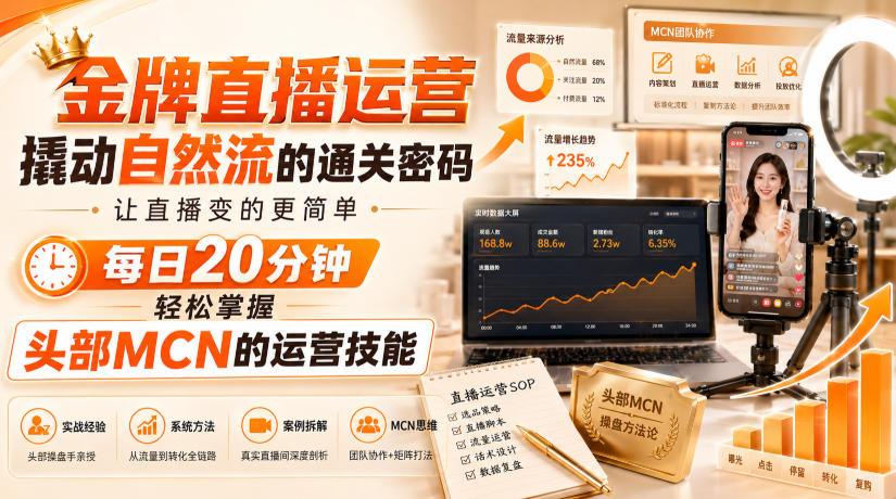 金牌直播运营撬动自然流的通关密码，让直播变的更简单，每日20分钟，轻松掌握头部MCN的运营技能-创业资源网