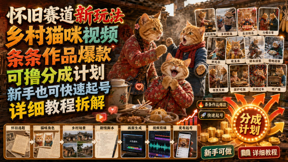 怀旧赛道新玩法，乡村猫咪视频，条条作品爆款，可撸分成计划，新手也可快速起号，详细教程拆解-创业资源网