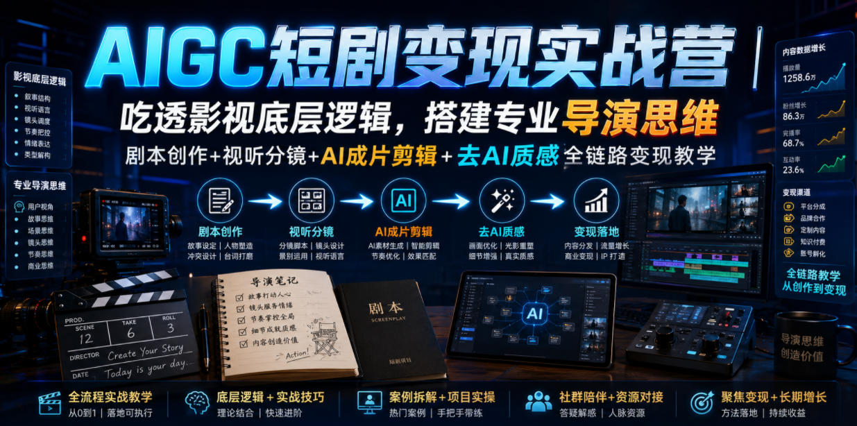 AIGC短剧变现实战营｜吃透影视底层逻辑，搭建专业导演思维，剧本创作+视听分镜+AI成片剪辑+去AI质感全链路变现教学-创业资源网