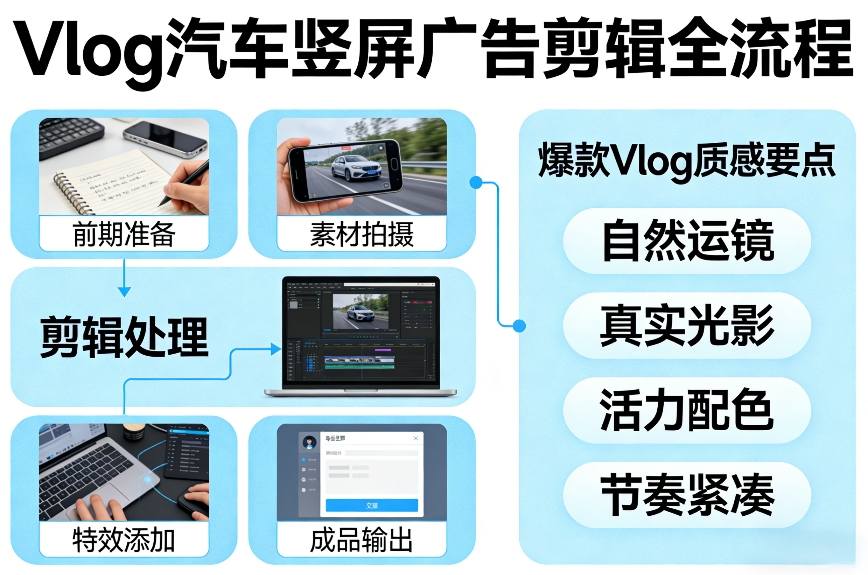 Vlog感觉汽车竖屏广告剪辑脚本全流程，拿捏爆款Vlog质感-创业资源网