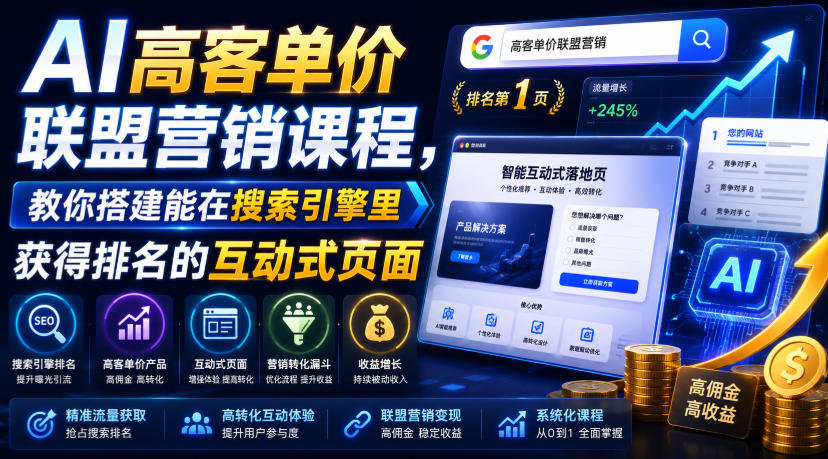 AI高客单价联盟营销课程，教你搭建能在搜索引擎里获得排名的互动式页面，引来流量，把访客转化为高佣金的成交【原创双语字幕】-创业资源网