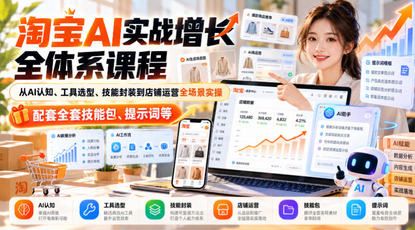 淘宝AI实战增长全体系课程，从AI认知、工具选型、技能封装到店铺运营全场景实操，配套全套技能包、提示词等-创业资源网