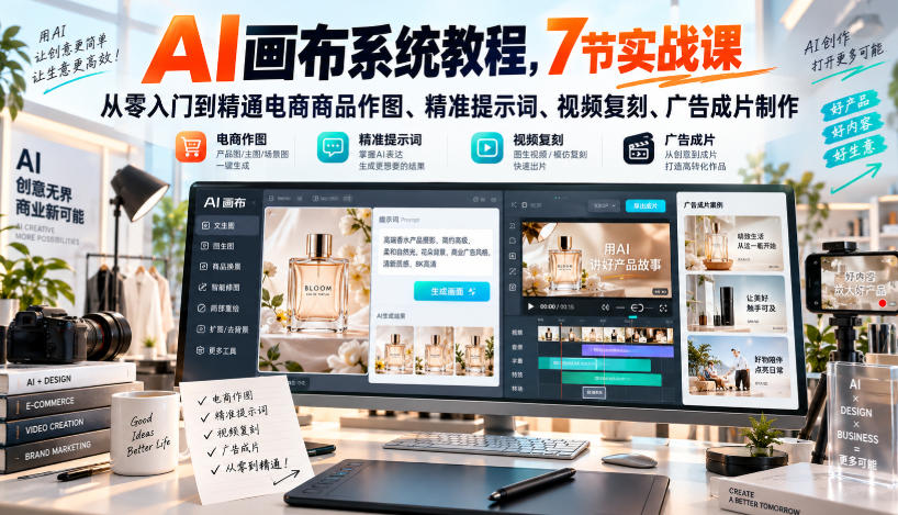 AI画布系统教程，7节实战课从零入门到精通电商商品作图、精准提示词、视频复刻、广告成片制作-创业资源网