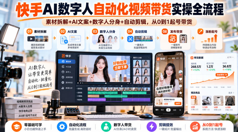 快手AI数字人自动化视频带货实操全流程｜素材拆解+AI文案+数字人分身+自动剪辑，从0到1起号带货（更新26年）-创业资源网