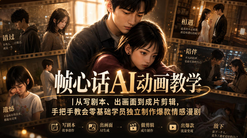 帧心话AI动画教学｜从写剧本、出画面到成片剪辑，手把手教会零基础学员独立制作爆款情感漫剧-创业资源网