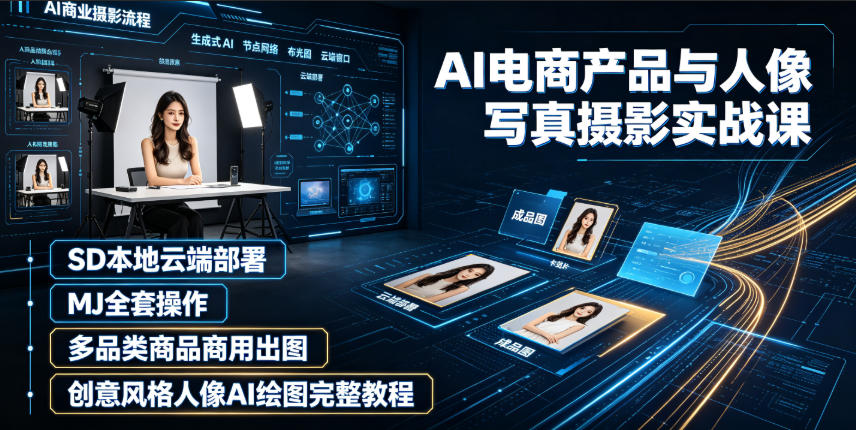AI电商产品与人像写真摄影实战课｜SD本地云端部署、MJ全套操作、多品类商品商用出图、创意风格人像AI绘图完整教程-创业资源网