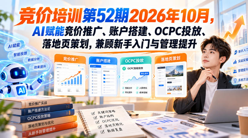 【无水印】竞价培训第52期2026年10月，AI赋能竞价推广、账户搭建、OCPC投放、落地页策划，兼顾新手入门与管理提升-创业资源网
