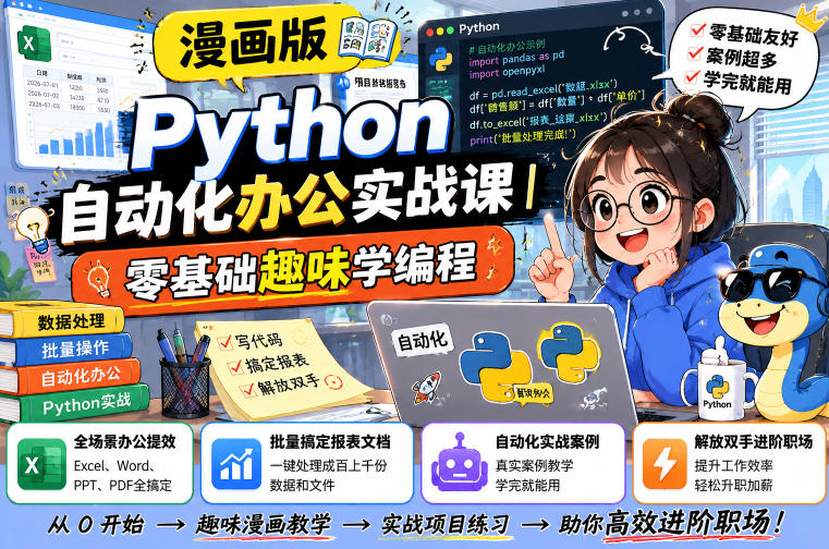 漫画版Python自动化办公实战课｜零基础趣味学编程，全场景办公提效、批量搞定报表文档、解放双手进阶职场-创业资源网