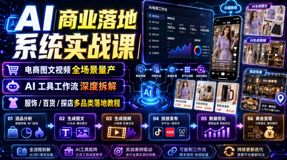 AI商业落地系统实战课｜电商图文视频全场景量产・AI工具工作流深度拆解・服饰/百货/探店多品类落地教程-创业资源网