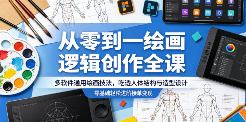 从零到一绘画逻辑创作全课，多软件通用绘画技法，吃透人体结构与造型设计，零基础轻松进阶接单变现-创业资源网